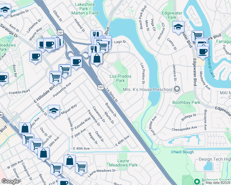 map of restaurants, bars, coffee shops, grocery stores, and more near 3264 Casa De Campo Way in San Mateo