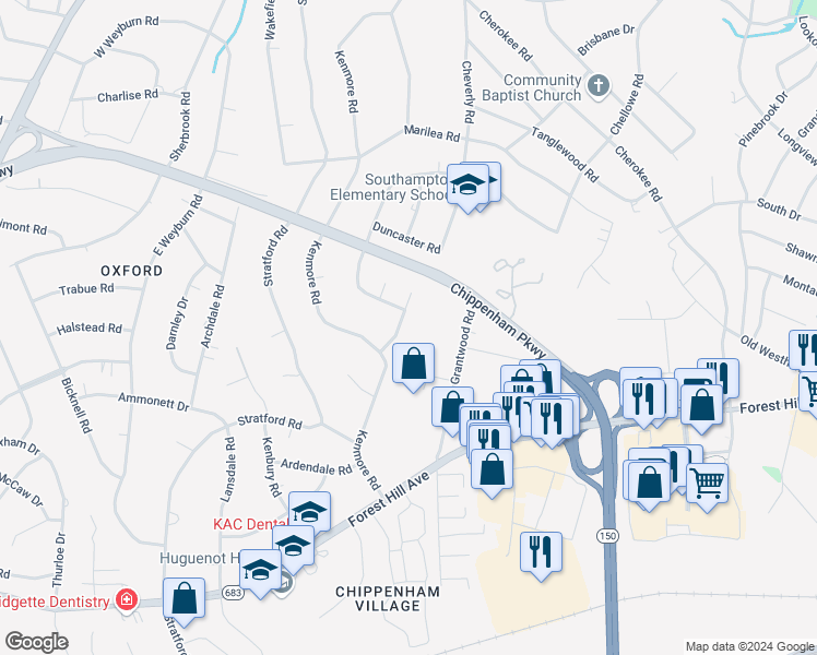 map of restaurants, bars, coffee shops, grocery stores, and more near 3025 Cottingham Road in Richmond