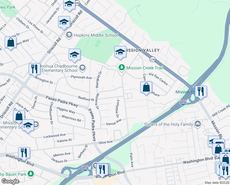 map of restaurants, bars, coffee shops, grocery stores, and more near 786 Wisteria Drive in Fremont