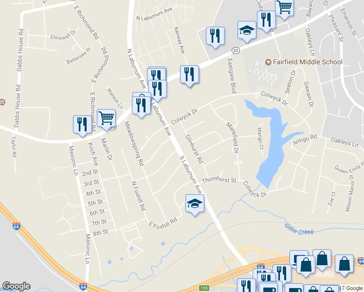map of restaurants, bars, coffee shops, grocery stores, and more near 207 South Laburnum Avenue in Richmond