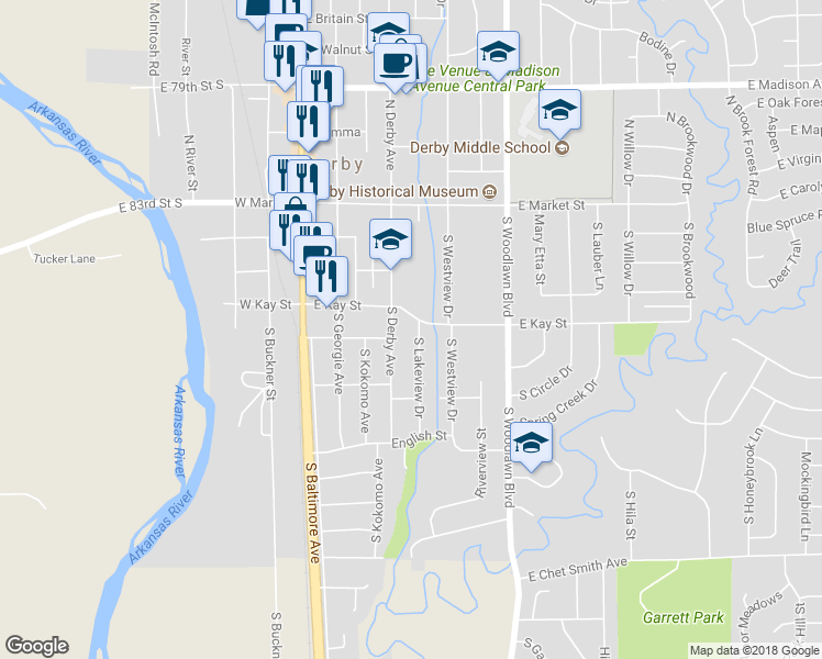 map of restaurants, bars, coffee shops, grocery stores, and more near 323 South Lakeview Drive in Derby