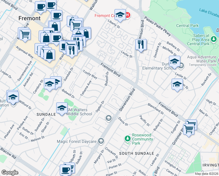 map of restaurants, bars, coffee shops, grocery stores, and more near 4189 Ogden Drive in Fremont