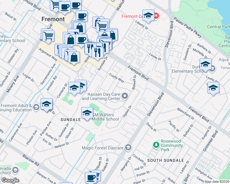 map of restaurants, bars, coffee shops, grocery stores, and more near 4242 Tehama Avenue in Fremont