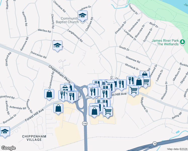 map of restaurants, bars, coffee shops, grocery stores, and more near 7251 Berwick Road in Richmond