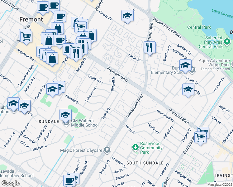 map of restaurants, bars, coffee shops, grocery stores, and more near 4189 Ogden Drive in Fremont
