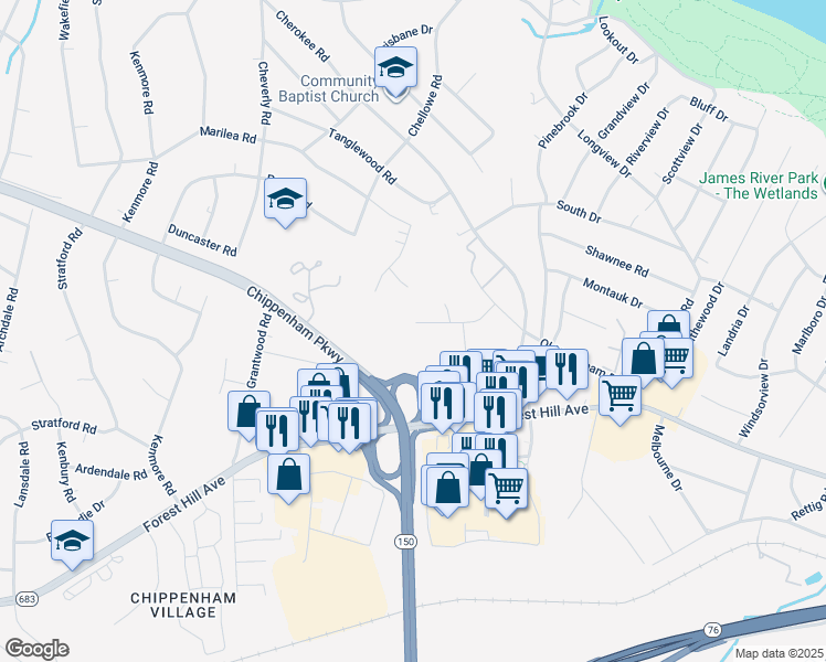 map of restaurants, bars, coffee shops, grocery stores, and more near 7281 Berwick Road in Richmond