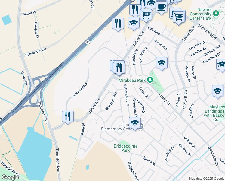 map of restaurants, bars, coffee shops, grocery stores, and more near 7421 Shady Hollow Drive in Newark