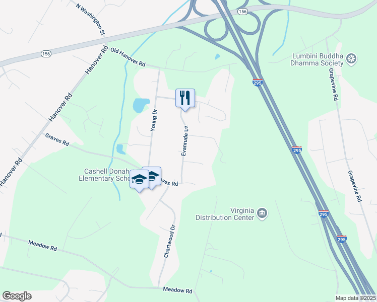 map of restaurants, bars, coffee shops, grocery stores, and more near 429 Evanrude Ln in Sandston