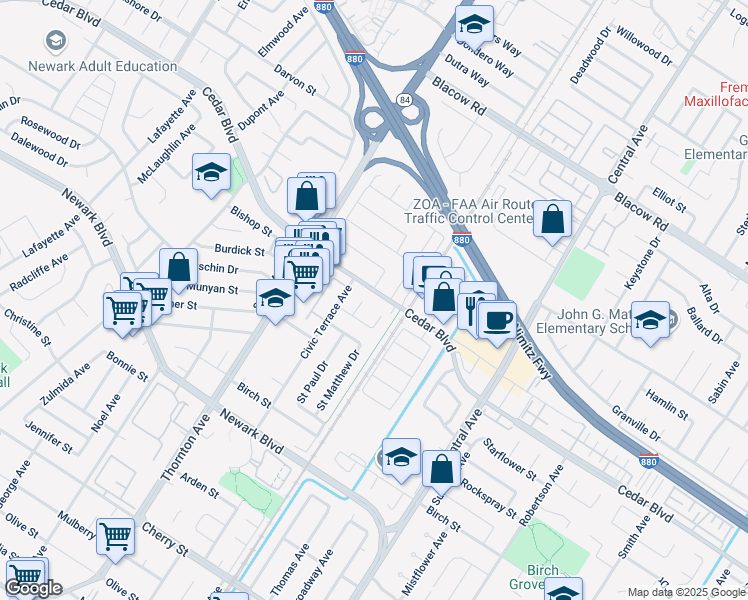 map of restaurants, bars, coffee shops, grocery stores, and more near 37221 Cedar Boulevard in Newark