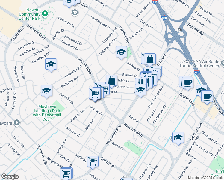 map of restaurants, bars, coffee shops, grocery stores, and more near 36706 Hafner Street in Newark