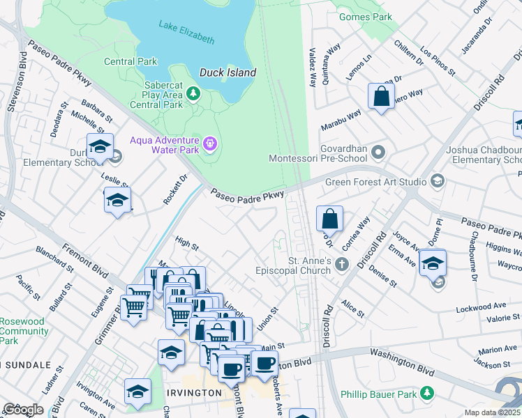map of restaurants, bars, coffee shops, grocery stores, and more near 40710 Penn Ln in Fremont