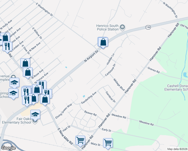 map of restaurants, bars, coffee shops, grocery stores, and more near 216 Hodder Lane in Highland Springs