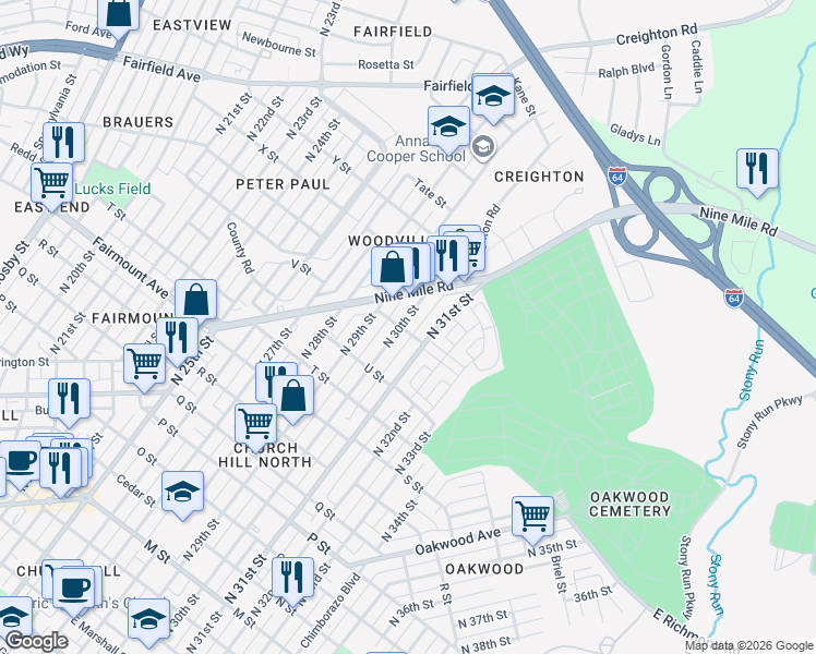 map of restaurants, bars, coffee shops, grocery stores, and more near 1601 North 30th Street in Richmond