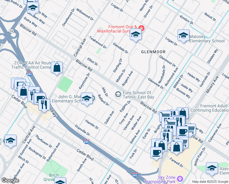 map of restaurants, bars, coffee shops, grocery stores, and more near 38255 Blacow Road in Fremont