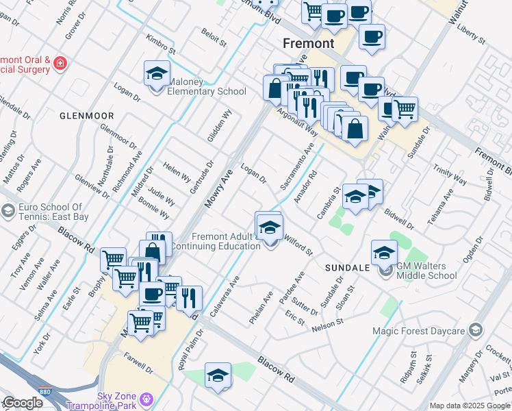 map of restaurants, bars, coffee shops, grocery stores, and more near 39143 Yosemite Way in Fremont