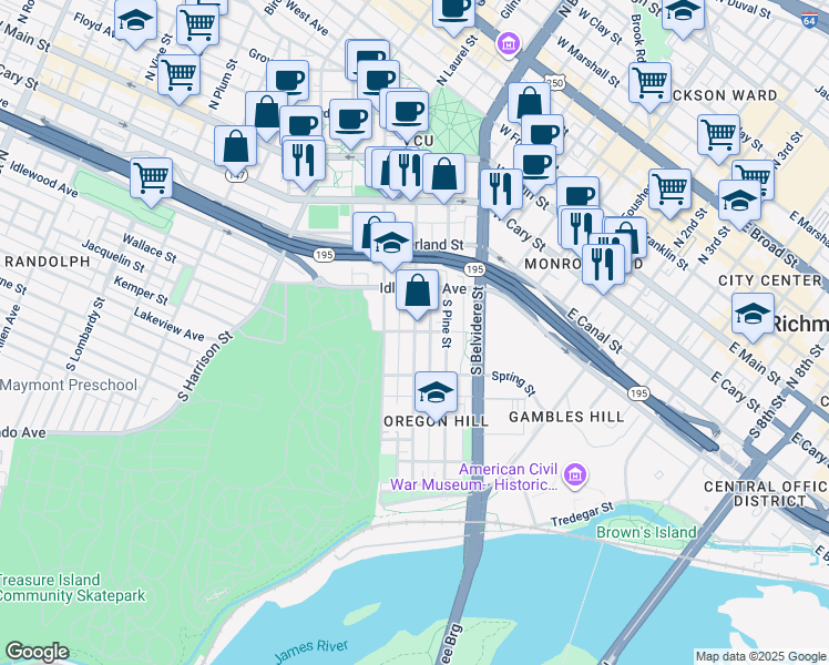 map of restaurants, bars, coffee shops, grocery stores, and more near South Laurel Street in Richmond