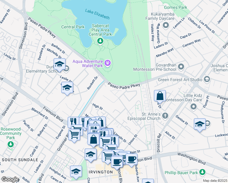 map of restaurants, bars, coffee shops, grocery stores, and more near 40654 Wolcott Place in Fremont