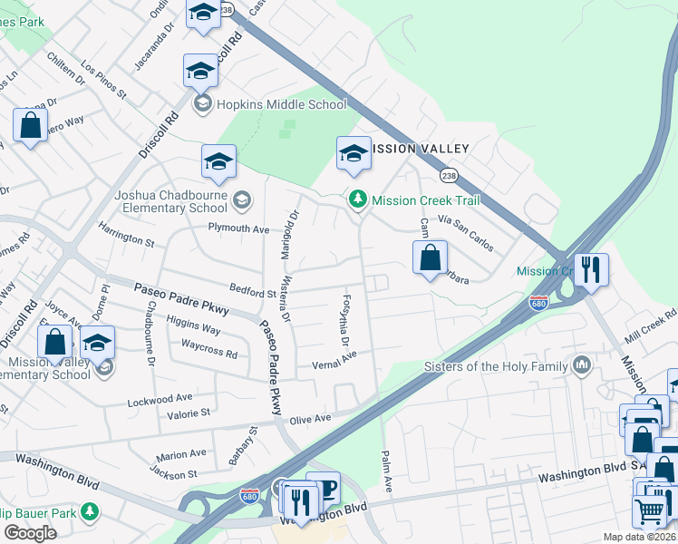 map of restaurants, bars, coffee shops, grocery stores, and more near 786 Wisteria Drive in Fremont