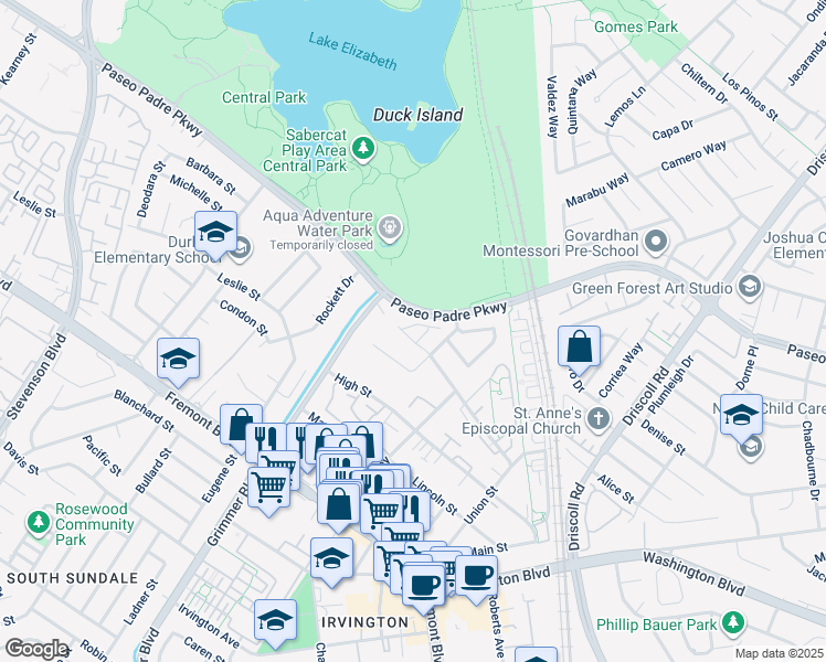 map of restaurants, bars, coffee shops, grocery stores, and more near 40654 Wolcott Place in Fremont