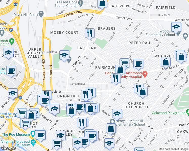 map of restaurants, bars, coffee shops, grocery stores, and more near 2107 Q Street in Richmond