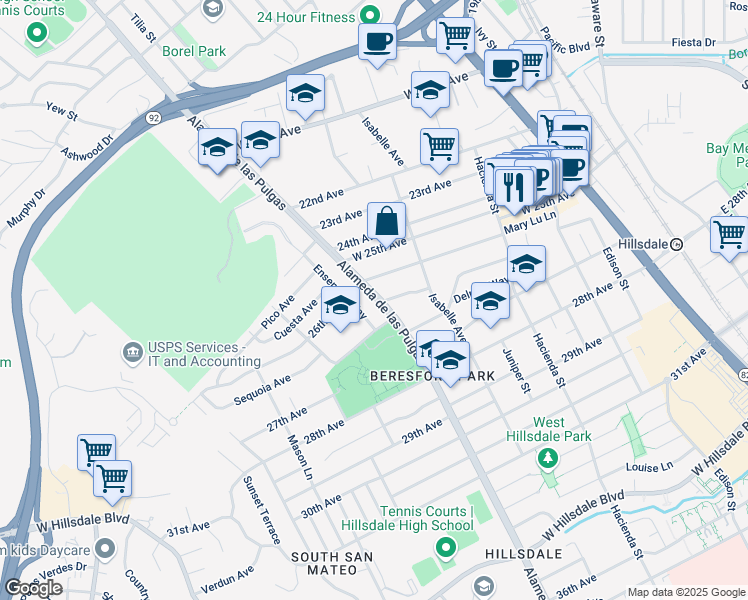 map of restaurants, bars, coffee shops, grocery stores, and more near 2612 Alameda de las Pulgas in San Mateo