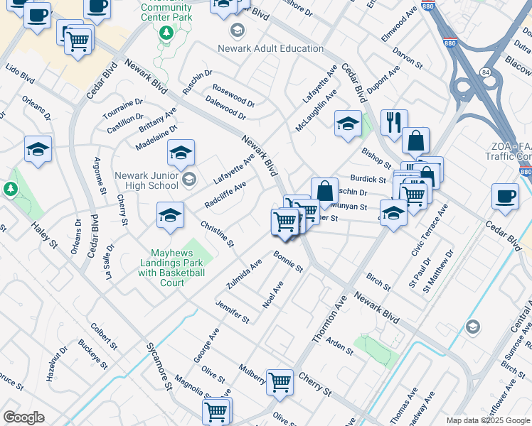 map of restaurants, bars, coffee shops, grocery stores, and more near 36493 Dijon Dr in Newark