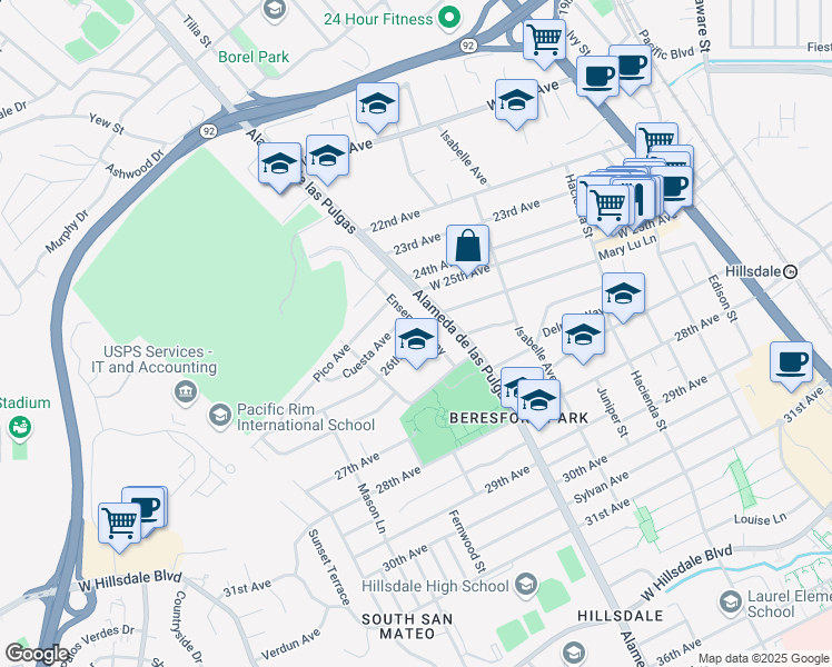 map of restaurants, bars, coffee shops, grocery stores, and more near 602 26th Avenue in San Mateo