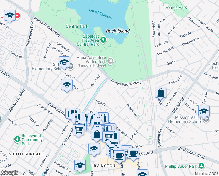 map of restaurants, bars, coffee shops, grocery stores, and more near 40625 Wolcott Place in Fremont