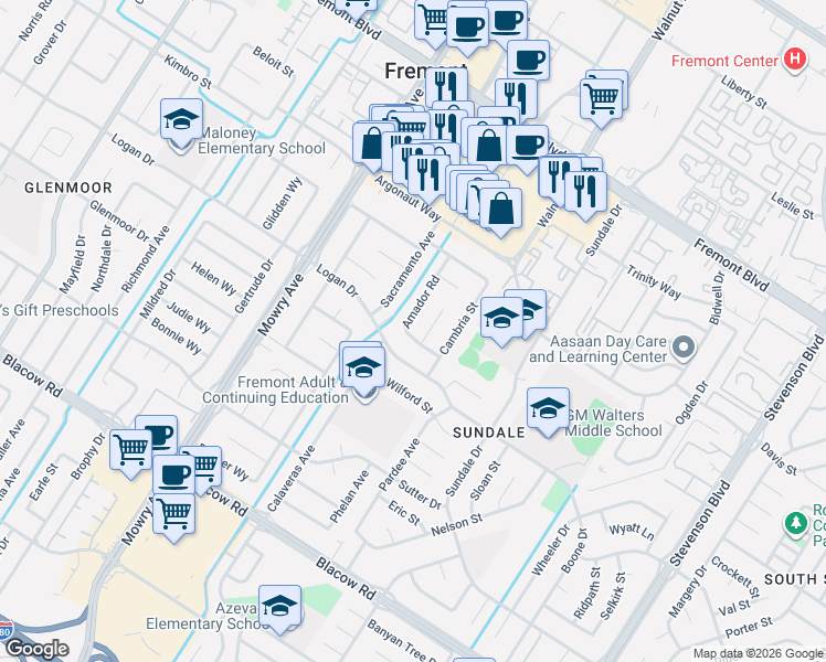 map of restaurants, bars, coffee shops, grocery stores, and more near 4436 Amador Road in Fremont
