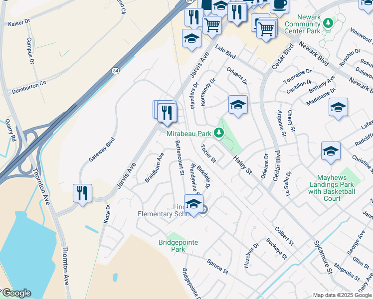 map of restaurants, bars, coffee shops, grocery stores, and more near 35750 Bettencourt Street in Newark