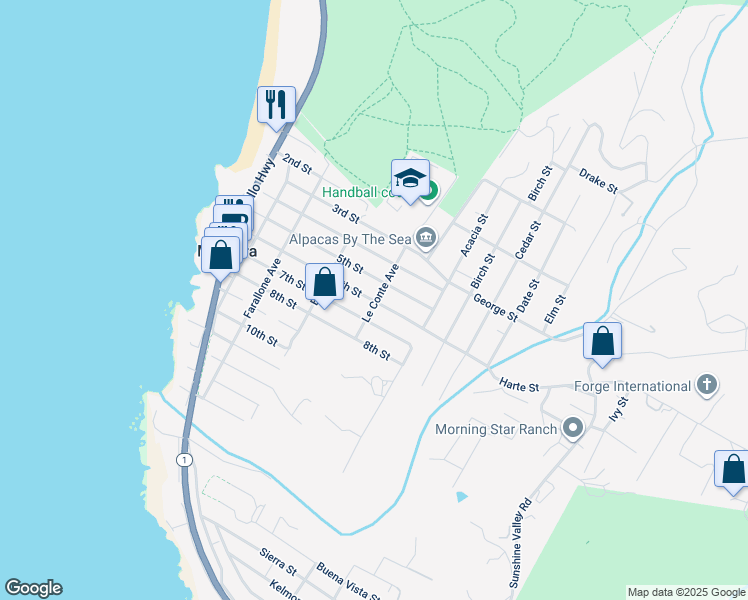 map of restaurants, bars, coffee shops, grocery stores, and more near 505 6th Street in Montara