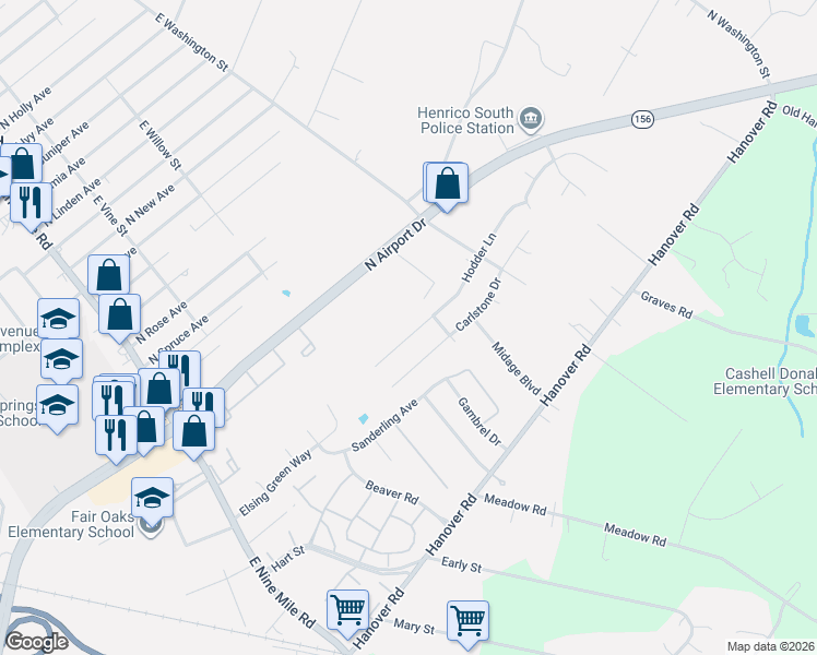 map of restaurants, bars, coffee shops, grocery stores, and more near 216 Hodder Lane in Highland Springs