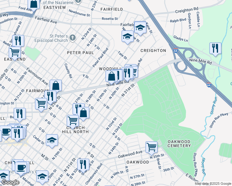 map of restaurants, bars, coffee shops, grocery stores, and more near 1601 North 30th Street in Richmond