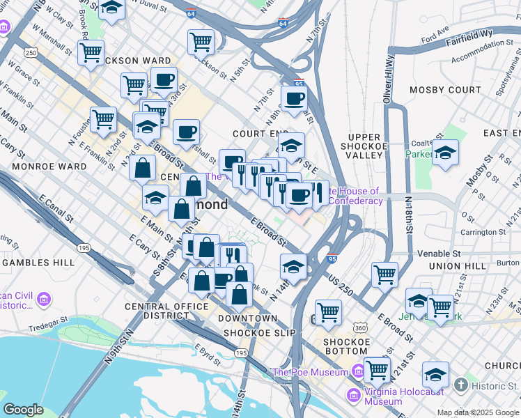 map of restaurants, bars, coffee shops, grocery stores, and more near 1101 East Marshall Street in Richmond