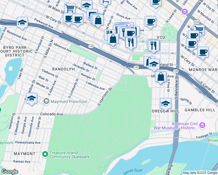 map of restaurants, bars, coffee shops, grocery stores, and more near 500 South Harrison Street in Richmond