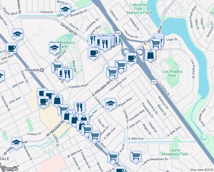 map of restaurants, bars, coffee shops, grocery stores, and more near 168 East Hillsdale Boulevard in San Mateo