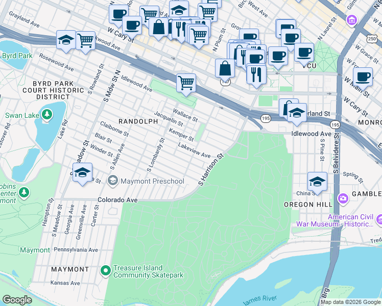 map of restaurants, bars, coffee shops, grocery stores, and more near 1401 Lakeview Avenue in Richmond