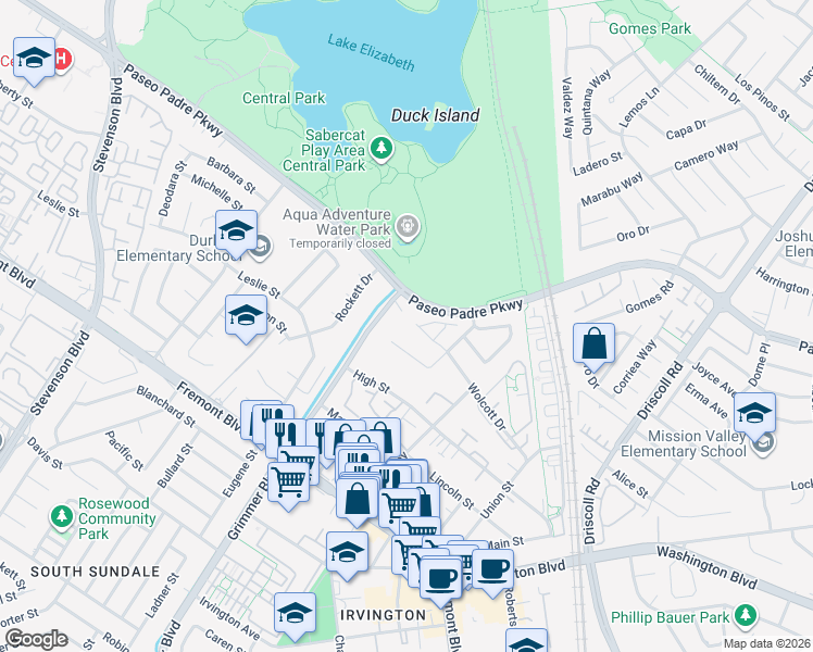 map of restaurants, bars, coffee shops, grocery stores, and more near 40625 Wolcott Place in Fremont