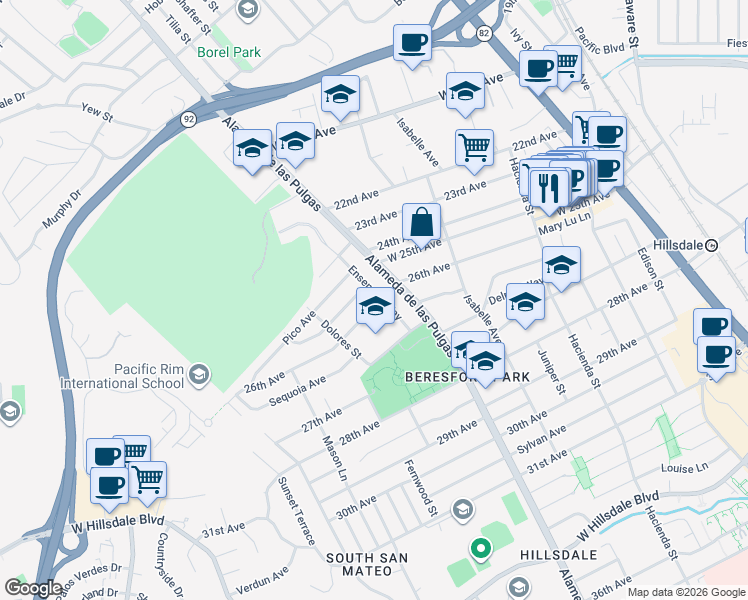 map of restaurants, bars, coffee shops, grocery stores, and more near 602 26th Avenue in San Mateo
