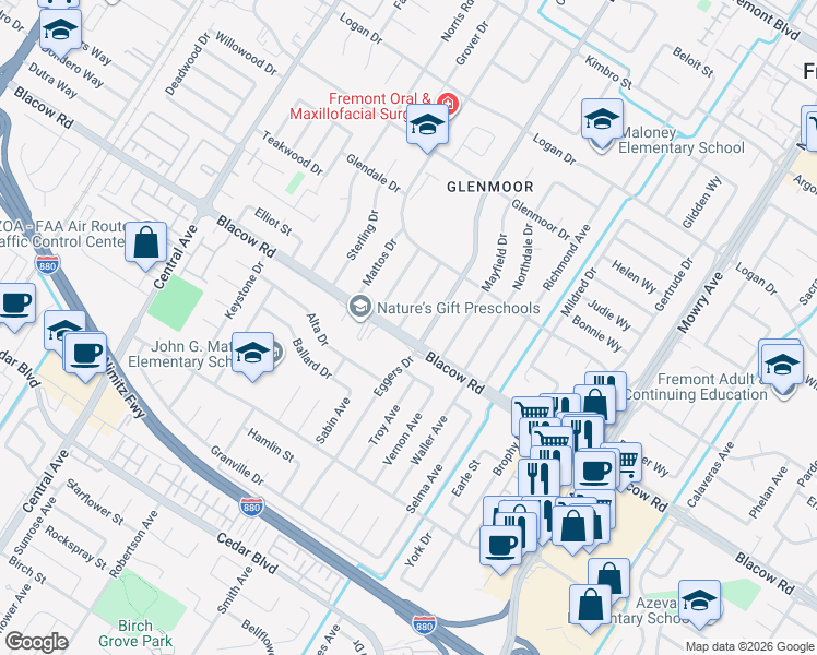 map of restaurants, bars, coffee shops, grocery stores, and more near 4994 Whitfield Avenue in Fremont