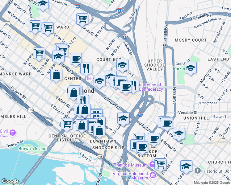 map of restaurants, bars, coffee shops, grocery stores, and more near 1010 East Marshall Street in Richmond
