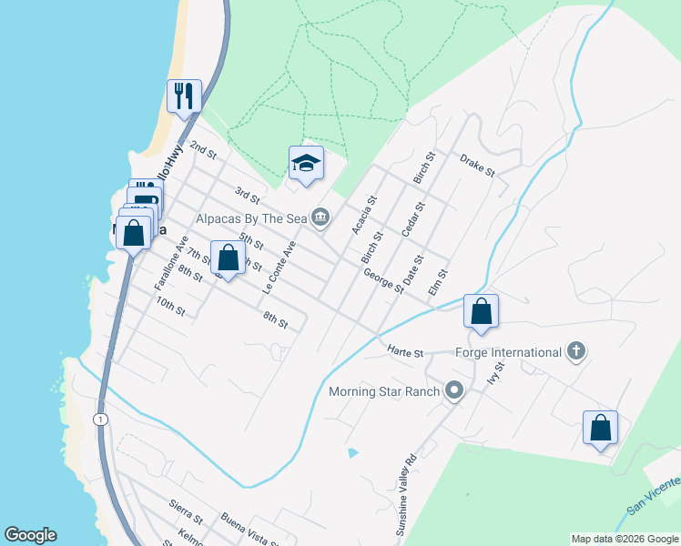 map of restaurants, bars, coffee shops, grocery stores, and more near 1213 Audubon Avenue in Montara