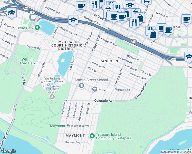 map of restaurants, bars, coffee shops, grocery stores, and more near 1806 Winder Street in Richmond
