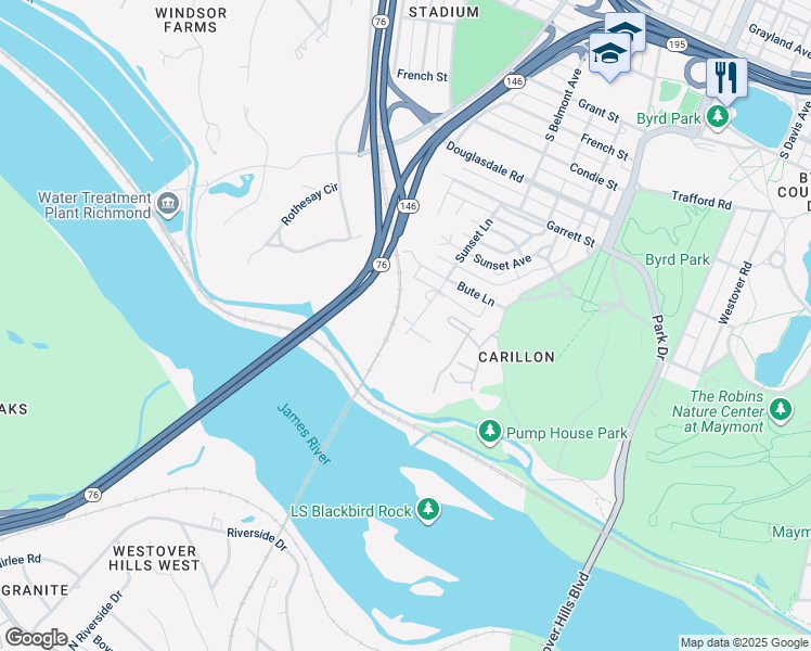 map of restaurants, bars, coffee shops, grocery stores, and more near 1508 Sunset Lane in Richmond