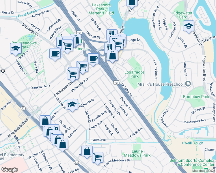 map of restaurants, bars, coffee shops, grocery stores, and more near 3533 Martin Drive in San Mateo
