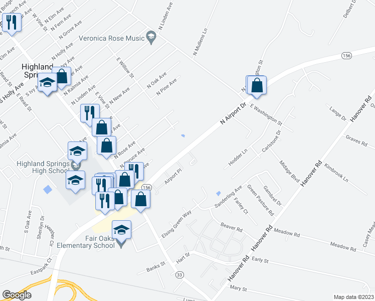 map of restaurants, bars, coffee shops, grocery stores, and more near 400 Airport Court in Henrico