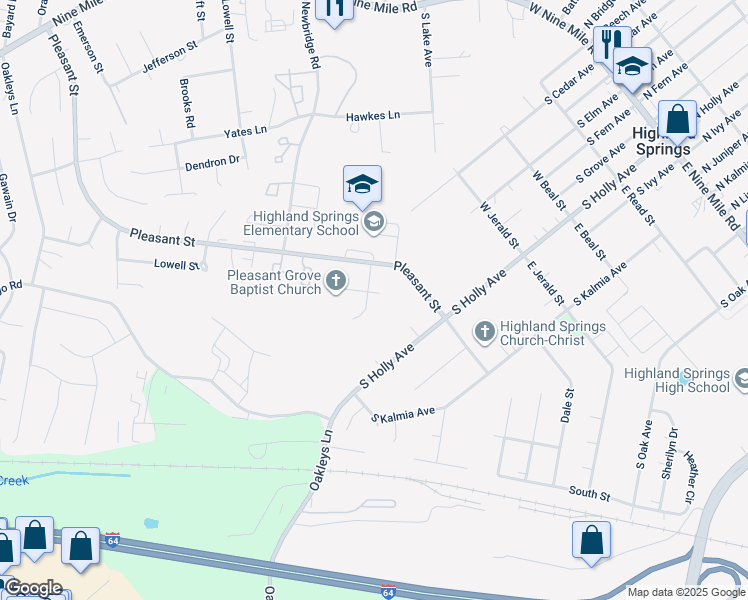 map of restaurants, bars, coffee shops, grocery stores, and more near 403 Tina Drive in Highland Springs