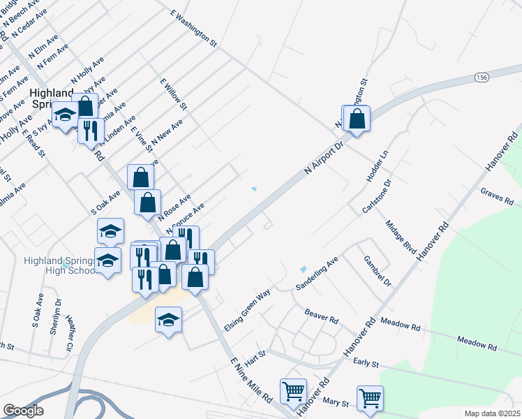 map of restaurants, bars, coffee shops, grocery stores, and more near 400 Airport Court in Highland Springs
