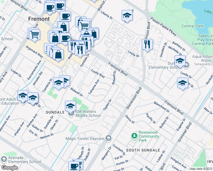 map of restaurants, bars, coffee shops, grocery stores, and more near 39753 Placer Way in Fremont
