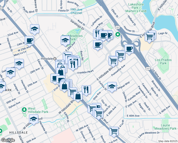 map of restaurants, bars, coffee shops, grocery stores, and more near 413 Franklin Parkway in San Mateo